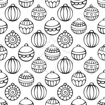 Set of doodles Christmas tree baubles on white background. Doodles hand-drawn boundless background. Black and white.