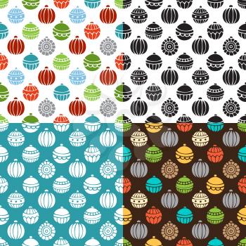 Bright and monochrome Christmas tree baubles. Doodles and cartoon hand-drawn boundless background.