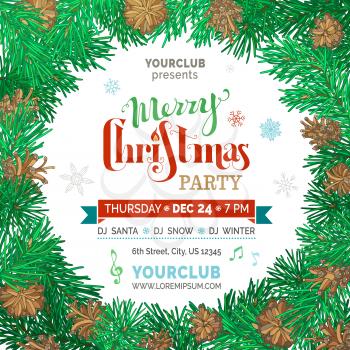 Pine branches and cones. Vector illustration. Merry Christmas Party template. Hand-written festive lettering.