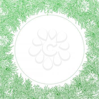 Hand-drawn outlined coniferous branches and pine cones. Vector illustration. There is copy space for your text in the center.