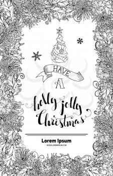 Christmas vertical frame with holly berries, pine branches and cones. Vector black and white illustration. There is copy space for your text in the center.