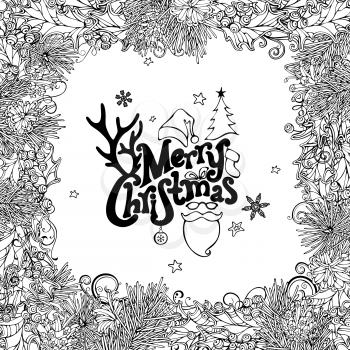 Hand-drawn contours of mistletoe, pine branch and cone. Vector black and white illustration. Hand-written festive lettering.