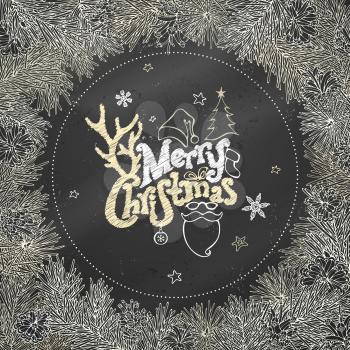 Pine branches and cones. Vector illustration. Hand-written Merry Christmas lettering.