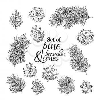 Vector hand-drawn outlined set. Christmas design elements isolated on white background.