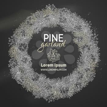 Vector festive decoration. Hand-drawn pine branches and cones on blackboard background. There is place for your text in the center.