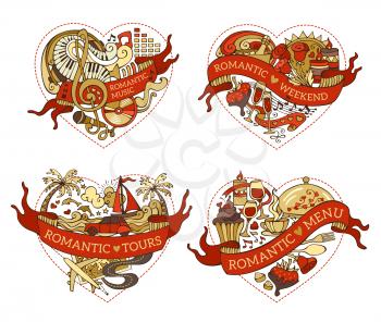Romantic design elements isolated on white background. Valentine's symbols, love icons and signs. Music, menu, tours and weekend red and gold templates.
