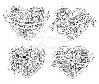Cartoon romantic black and white design elements. Valentine's symbols, love icons and signs. Colouring book for adults templates.