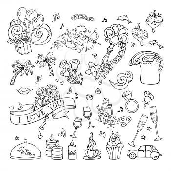 Cartoon romantic design elements isolated on white background. Valentine's symbols and signs. Black and white illustration.