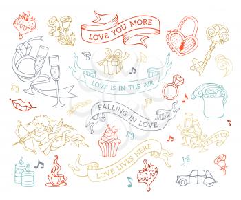 Cartoon romantic design elements isolated on white background. Linear colourful Valentine's symbols. There are places for your text on decorative ribbons.