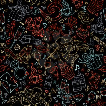 Doodles colourful linear objects on black background. Love signs, design elements and symbols. Hand-drawn boundless background.