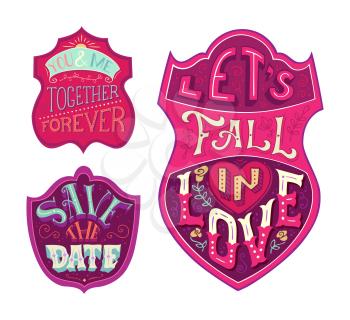 Vector set of love badges isolated on white background. Coloured handwritten lettering in labels.