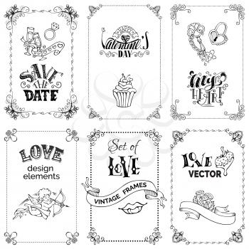 Handwritten love lettering, signs and symbols, ribbons. There is place for your text. Valentine's day romantic design elements.