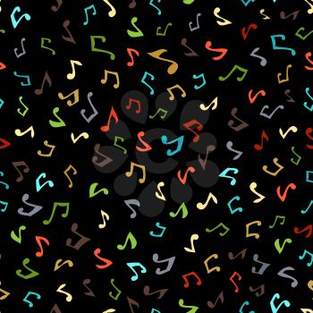 Various music notes on black background. Colourful boundless background.