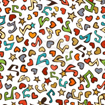 Cartoon various music notes, hearts and stars on white background. Colourful doodles boundless background.