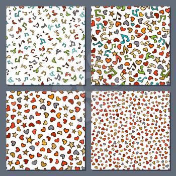 Cartoon various music notes, hearts and stars on white background. Colourful doodles boundless backgrounds set.