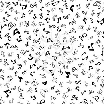 Doodles black music notes on white background. Music outlined symbols and silhouettes. Black and white boundless background.