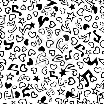 Cartoon various music notes, hearts and stars on white background. Black and white doodles boundless background.