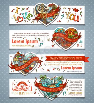 Vector cartoon love banners with hearts. Romantic music, weekend, menu, tours. There is place for your text on white background.