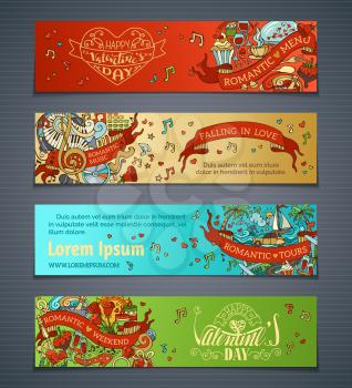 Vector cartoon Valentine's day banners. Romantic music, weekend, menu, tours. There is place for your text on coloured background.