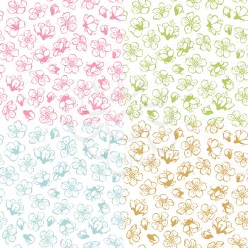 Coloured contours of flowers from fruit trees on white background. Duotone boundless backgrounds.