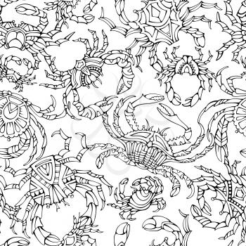 Various hand-drawn doodles crabs on white background. Black and white boundless background for your design.