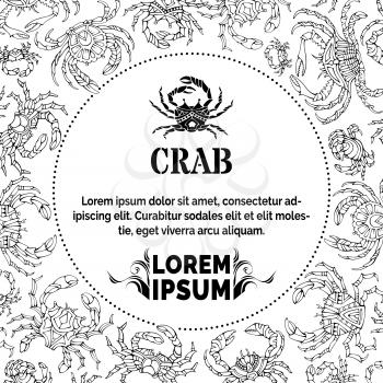 Various outlined hand-drawn crabs and round frame. Vector seafood menu template. There is place for your text in the center.