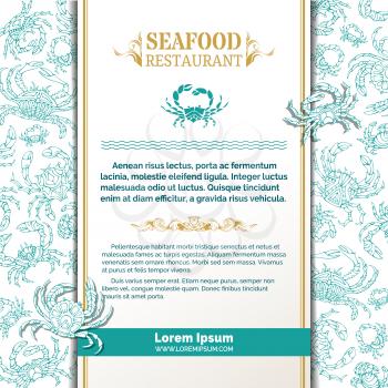 Seafood blue and gold menu template. There is place on white vertical paper for your text.