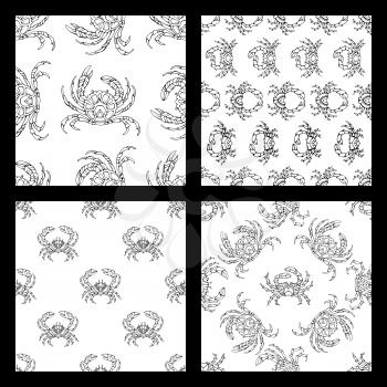 Various black outlined crabs on white background. Duotone boundless backgrounds for your design.
