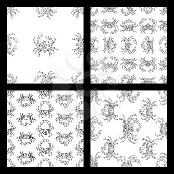 Various black linear crabs on white background. Duotone boundless backgrounds for your design.