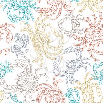 Various hand-drawn linear crabs on white background. Boundless background for your design.