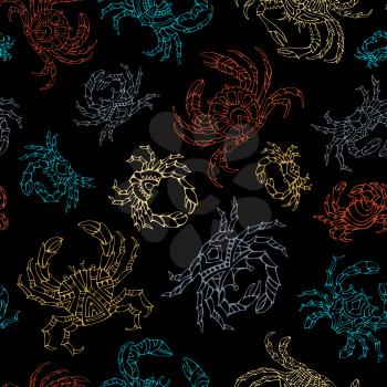 Colourful outlined crabs on black background. Boundless background for your design.