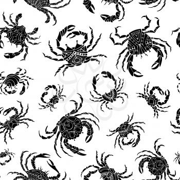 Various black crab silhouettes on white background. Duotone boundless background for your design.
