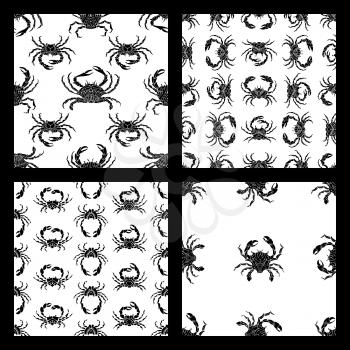 Various black crab silhouettes on white background. Duotone boundless backgrounds for your design.