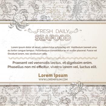 Seafood hand-drawn menu template. There is place for your text on white horizontal paper.