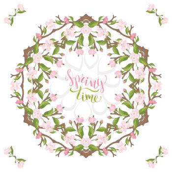 Frame of spring blossoms and leaves on branches. Spring tree hexagonal mandala. Vector card template. There is copyspace for your text in the center.