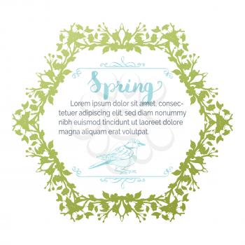 Vector ornament of spring flowers and leaves on branches. Seasonal card template. There is copyspace for your text in the center.