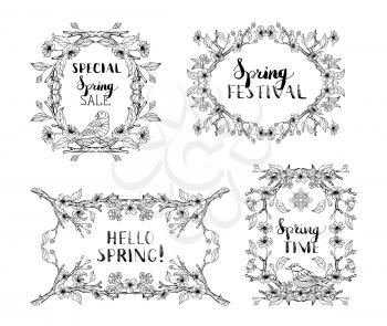 Blossoms and leaves on tree branches. Handwritten grunge brush lettering. Black contours isolated on white background.