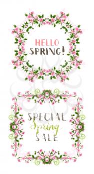 Pink cherry blossoms and leaves on tree branches. Hand-drawn seasonal lettering and flourishes. There is copyspace for your text.