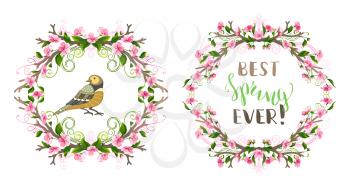 Pink spring flowers, leaves, bird, branches and flourishes. Ornate seasonal page decoration isolated on white background.