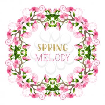 Pink spring flowers, leaves, branches and flourishes. Ornate seasonal page decoration isolated on white background.