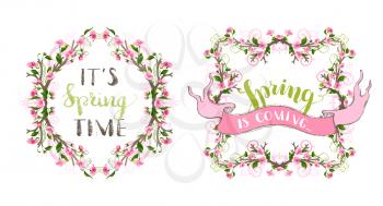 Ornaments and flourishes, pink cherry blossoms and green leaves on tree branches. Hand-written lettering. Seasonal page decorations isolated on white background.