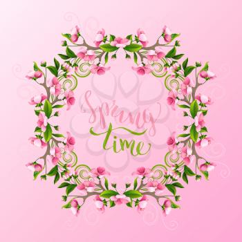 Pink flowers and leaves on tree branches. Hand-drawn seasonal lettering and flourishes. There is copyspace for your text on pink spring background.
