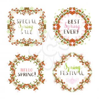 Red spring flowers and leaves on tree branches. Hand-written lettering and flourishes. Page seasonal decorations isolated on white background.