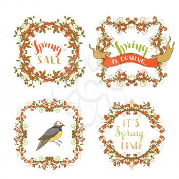 Hand-drawn ornaments and flourishes, red blossoms and leaves on branches. Seasonal card template. Hand-written lettering.