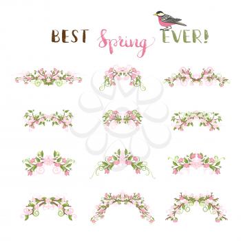 Vector cherry flowers, leaves and flourishes on branches. Ornate decorations isolated on white background.