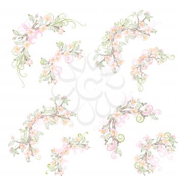 Vector outlined spring flowers, leaves and flourishes on branches. Coloured hand-drawn ornaments.