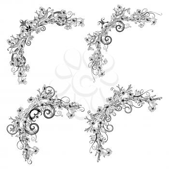 Vector outlined spring flowers, leaves and flourishes on branches. Linear duotone decorations isolated on white background.