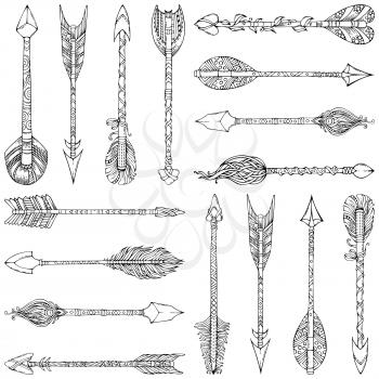 Hand-drawn sketch ethnic arrows. Boho and hippie style illustration. Tribal black and white boundless background.