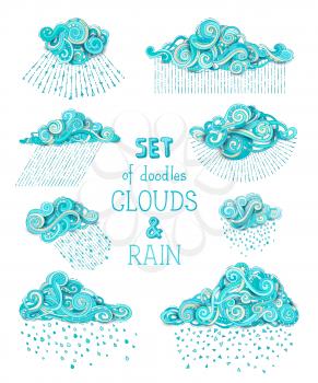 A lot of various cartoon ornamental clouds and rain drops isolated on white background.