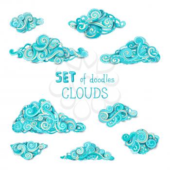 A lot of various clouds isolated on white background. Hand-drawn swirls and patterns.